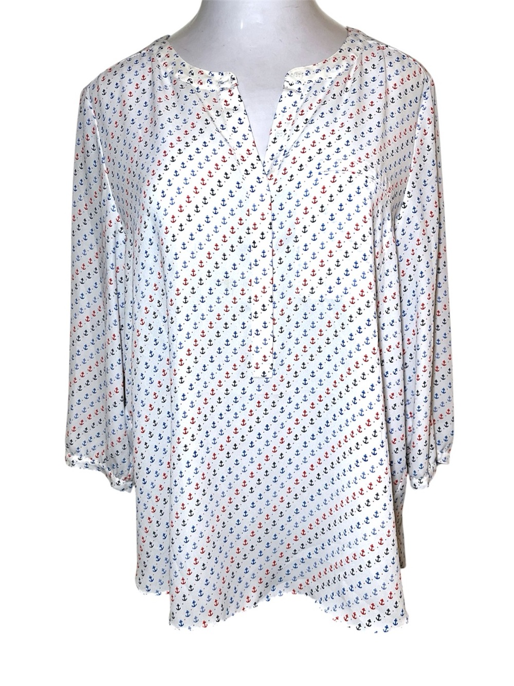 NYDJ White Sheer Blue & Red Anchor-Print Split-Neck Tunic Top